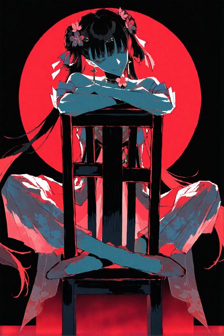 ultra detailed painting \(medium\) by (mzet:1.3),very awa,masterpiece,highres,absurdres,newest,year 2024,year 2023,studio shot,solo,(sitting backwards:1.2),crossed arms,arms on chair,lhead tilt,calm,closed eyes,smug,simple background,black theme,red theme,black background,eclipse,backlighting,<lora:96YOTTEA-WAI:0.55>,<lora:ponyv6_noobV1_2_adamW-000017:0.8>,
<lora:jxnew-noob-Tanger-000014:0.8>,
jinhsi,jinhsi \(peach blossom\) \(wuthering waves\),(clothes:peach blossom pink dress,alternate costume,bare shoulders:1.2),flower-shaped pupils,1girl,hair ornament,hair flower,twintails,bangs,jewelry,very long hair,