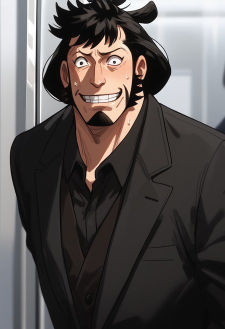 score_9, score_8_up, score_7_up, source_anime, rating_safe, KinemonOP, (black_Kinemon_topknot hair), black_Kinemon_facial hair, black_Kinemon_eyes, 1boy, male focus, formal suit, nervous smile, sweating, cropped legs, hands with five fingers, blurry indoor elevator, solo focus, centered, uncomfortable-narrow,