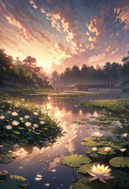 detailed background,( Calm spring night landscape), amongst lush greenery, beautiful view, Water lilies in full bloom, Water lilies, Unexplored, early morning, sunrise sky, beautiful clouds, dappled sunlight, beautiful, Tranquil Lake, Walkway, petals dancing in the wind, depth of field, masterpiece, best quality, ultra-detailed, very aesthetic, illustration, perfect composition, intricate details, absurdres, moody lighting, wisps of light, no humans,