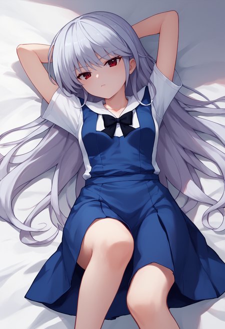 score_9, score_7_up, 1girl, solo,    kzk, silver hair, long hair, red eyes, shirt, white sailor collar,  blue pinafore dress,  black bowtie,  on back, arms behind head,      <lora:Kazuki FF 5-000008:1>