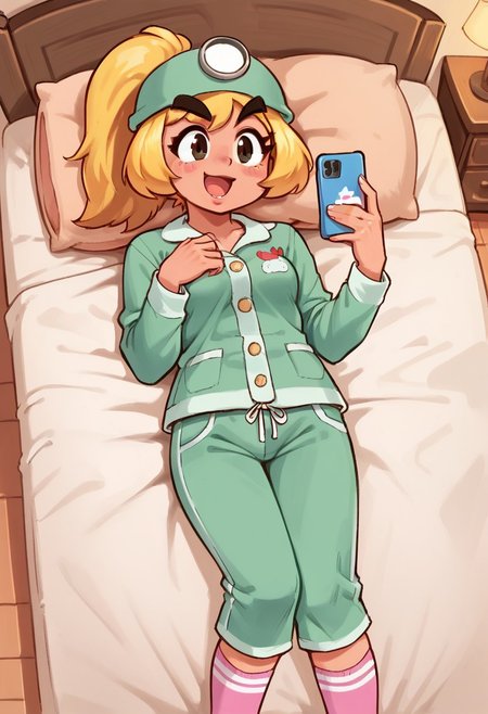 score_9_up, score_8_up, score_7_up score_6_up, 1girl, Goombella, pink skin, blonde hair, ponytail, thick eyebrows, small breasts,
BREAK
jyojifuku, green pajamas, pajamas pants, pink socks, (painted art), (on the bedroom at night), laying on the bed, holding a cellphone, smiling, open mouth,
BREAK
 cowboy shot, dutch angle