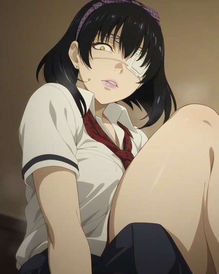 best quality,masterpiece,highres,1girl,solo,newest,rating: explicit, looking at viewer ,   <lora:Midari_Ikishima_XL-step00001400:0.8> ,(midari ikishima, black hair, yellow eyes, eyepatch, hairband, short hair, jewelry, earrings, stud earrings), school uniform
