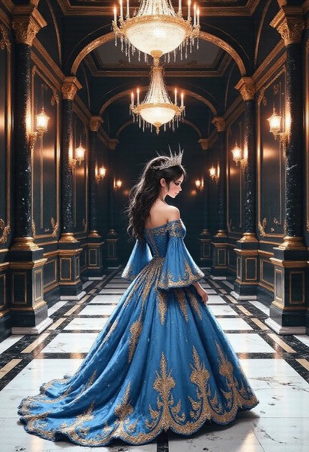 an adroit d3press1on illustration, A fantasy portrait set in an opulent baroque palace interior, featuring a young woman in an elaborate blue and gold ball gown. The scene is captured in a symmetrical medium shot with dramatic lighting that emphasizes the ornate architectural details, including marble columns, gilded accents, and crystal chandeliers. The subject stands centered in the frame, wearing a crystal tiara and an intricately embroidered off-shoulder gown with bell sleeves and a full skirt. The interior features dark paneled walls with gold details, creating a rich contrast with the blue fabric of the dress. Multiple levels of crystal chandeliers illuminate the space, reflecting off the polished marble floor and creating an atmosphere of royal grandeur. Portrait photography with dramatic studio lighting and symmetrical framing in a medium shot composition.