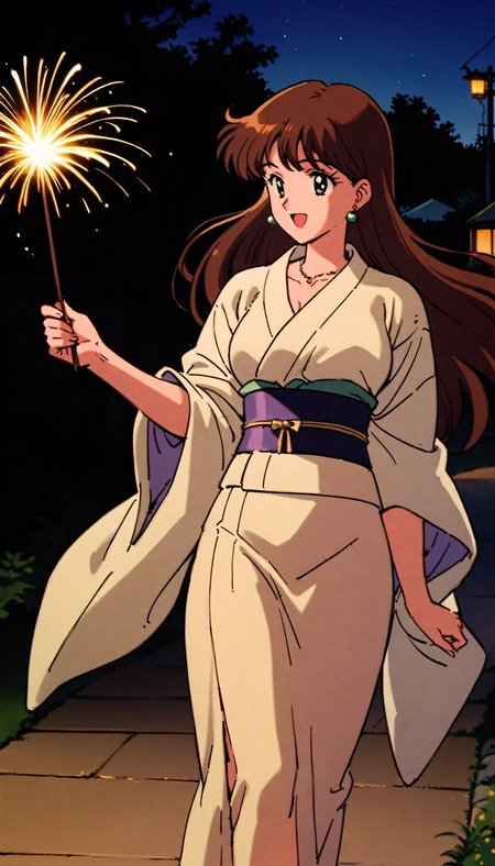 masterpiece,best quality,very aesthetic,absurdres,<lora:Nishimura Reika XL:0.7>,Nishimura Reika XL,1girl,solo,1990s \(style\),jewelry,earrings,bangs,brown hair,necklace,long hair,kimono,aerial fireworks,holding fireworks,happy,walking,