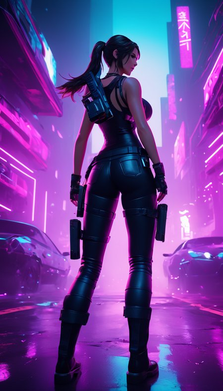neonpunk style Cinematic scene, hero view, Lara Croft <lora:lara_croft_xl_v2:1>, action pose, detailed background, masterpiece, best quality, high quality, highres, absurdres  . cyberpunk, vaporwave, neon, vibes, vibrant, stunningly beautiful, crisp, detailed, sleek, ultramodern, magenta highlights, dark purple shadows, high contrast, cinematic, ultra detailed, intricate, professional