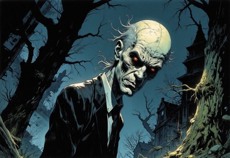 A stylized, atmospheric extreme close-up rendered in the haunting, ink-saturated style of a dark horror graphic novel captures the terrifying presence of the Slender Man in striking detail. The composition centers on his pale, featureless face—smooth and blank like bleached porcelain, with no eyes, no mouth, no nose and no hair. Just an uncanny mask of stillness that seems to absorb all light around it. His elongated head tilts ever so slightly forward, as if leaning in to address the viewer directly.
He is impossibly tall—eight feet at least—and in the limited frame, only his face and shoulders are visible. He wears a perfectly fitted, pitch-black suit with a high collar, the fabric matte and immaculate despite the cold, damp air of the forest. The lines of his body are unnaturally narrow, stretched, and the proportions wrong in a way that instantly unsettles.
The background is heavy, shadowy darkness. The texture of the air feels heavy, charged, as if it presses down on the reader’s chest. A faint gleam of moonlight edges the side of his head and shoulder, enhancing the void of his face.