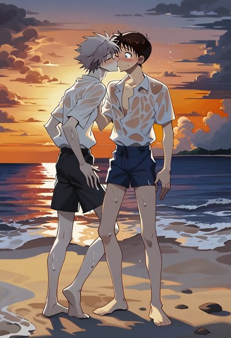 score_9, score_8_up, score_7_up, rating_questionable, BREAK,
2boys, daisyuki, kiss, kissing, standing, evangelion, shinji ikari, short hair, brown hair, blue eyes, kaworu nagisa, white hair, red eyes, wet shirt, wet clothes, nipple, shocked, eyes closed, blush, full body, long shirt, bare legs, bare feet,
beach, sunset, orange glow, dark theme, low light,
