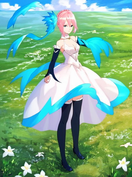 score_9, Score_8_up, Score_7_up, Score_6_up, masterpiece,  best quality, very aesthetic,  <lora:ShionneV2-08:1> 15 shionne 01b weddingdress, shionne 01b, pale skin, long hair, (blue eyes), wedding dress 1girl, solo, breasts, 1Girl, hair ornament, thighhighs, dress, bare shoulders, full body, pink hair, braid, detached sleeves, black thighhighss   <lora:detailed_backgrounds_v2:1> (scenery:1.3),  backgrounds scenery, complex background, grass, cloud, flowers,