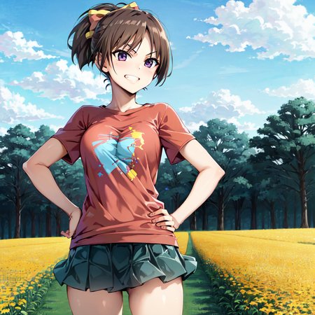 masterpiece, best quality, absurdres, detailed, 1girl, solo, AkiraGGN, short hair, brown hair, purple eyes, yellow hair bow, red t-shirt, print, miniskirt, flower field medium breasts, parted bangs, ponytail, standing, hands on hips, grin, <lora:AkiraGGN:1>