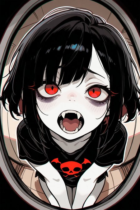 gothic_glittercore, masterpiece,best quality,amazing quality, 1 girl,  cramped space, fisheye lens, from above, red eyes, bags under eyes, uneven bangs, t-shirt,  sketch, vampire, white skin, illustration, fangs
white outline glow, chromatic aberration, high res image