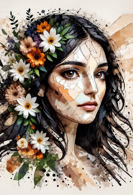 InkMosaic, a portrait of a woman with flowers in her long black hair, brown eyes