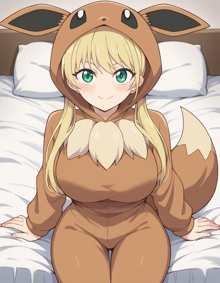 score_9, score_8_up, score_7_up, source_anime, <lora:rika-hoshizaki-s2-ponyxl-lora-nochekaiser:1>, rika hoshizaki, green eyes, blonde hair, twintails, large breasts,, <lora:eevee-cosplay-ponyxl-lora-nochekaiser:1>, eevee cosplay, eevee (cosplay), cosplay, hood, hood up, long sleeves, kigurumi, animal ears, pokemon tail, tail,, bed, on bed, sitting, smile, blush,, cowboy shot, looking at viewer,