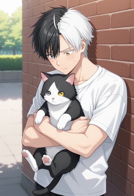 masterpiece,best quality,amazing quality, source_anime, 
sakuharuka, 1boy, male focus, solo, heterocromia, grey eyes, yellow eyes, split-color hair, black hair, white hair, shirt, t-shirt, hugging cat, outdoor,