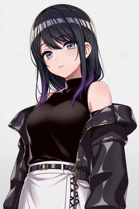 masterpiece, best quality, amazing quality,
 <lora:Toka_IL:1> toka, 1girl, solo, mole, black hair, jacket, looking at viewer, multicolored hair, long hair, long sleeves, mole under eye, purple hair, bangs, open jacket, open clothes, black jacket, off shoulder, parted lips, white skirt, gradient hair, cslsk