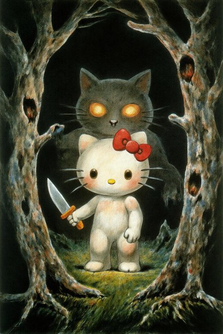 wblake1 painting. Hello Kitty in the middle of the forest holding a knife, the atmosphere and the character looks scary, Hello Kitty is hidden by the shadows  <lora:wblake1_cap_d6a3e13:1.0><lora:826985743990858450:0>