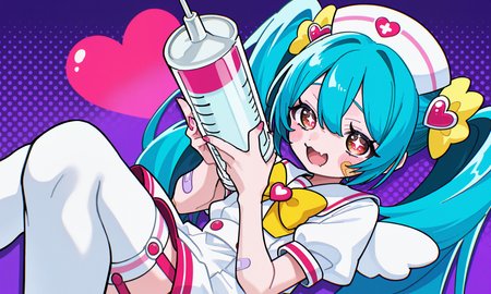 1girl, hatsune miku, m@gical cure! love shot! \(vocaloid\), 
solo, long hair, looking at viewer, blush, smile, open mouth, hair ornament, red eyes, dress, thighhighs, hat, holding, bow, hair between eyes, twintails, brown eyes, blue hair, short sleeves, heart, wings, one eye closed, puffy sleeves, fang, bowtie, sailor collar, white dress, star \(symbol\), puffy short sleeves, symbol-shaped pupils, sparkle, blush stickers, garter straps, ;d, bandaid, skin fang, yellow bow, sailor dress, + +, heart hair ornament, bandaid on face, nurse cap, star-shaped pupils, nurse, halftone, yellow bowtie, syringe, oversized object, > o, bandaid on arm, holding syringe, bandaid on hand
abstract background, fisheye, close-up,
rating safe, akita,
masterpiece, best quality, amazing quality, highres, newest,  <lora:akita:1.0>