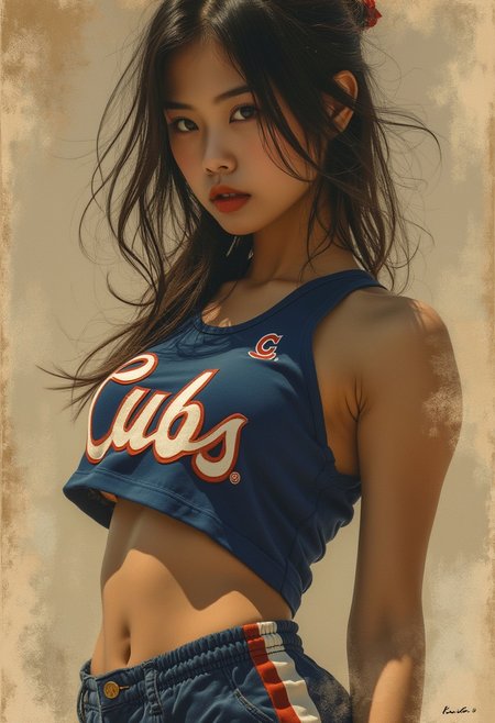 photographic poster art, extreme detail, 2 non-overlapping  views on a single background of a beautiful oriental cheerleader wearing a crop top emblazoned with "Cubs", loose disheveled hair, slightly parted lips, detailed fabric, [masterpiece], [best quality], chiascuro, showing image from the waist up, and closeup portrait, [best quality], chiascuro, abstract sepia-tinged background