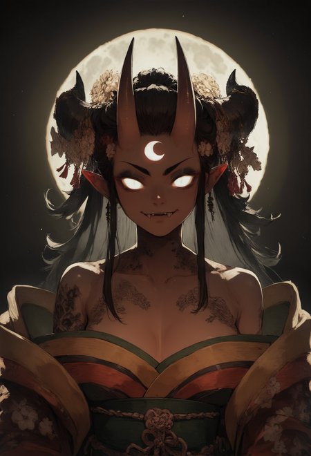 score_9, score_8_up, score_7_up,  score_9, score_8_up, score_7_up, Japanese teenage girl, floral kimono, exposed shoulders, beautiful face, thick eyelashes, glowing white eyes, white demon horns, long flowy black hair, cute smile, dark eyeshadow, glowing shoulders tattoos, glowing back tattoos, floral decoration in hair, night time, shinning moon, lit by moonlight, ambient lighting, fangs, demon skin  <lora:pony/concept_art_ultimatum> <lora:sdxl/sinfully_stylish_sdxl>