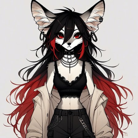 score_9_up, score_8_up, score_7_up, score_6_up, source_furry, (best quality:1.1), ultra-detailed, high resolution, highly detailed macro illustration, solo BREAK 1girl, rixa, anthro fox, female, gray and white fur, black and white fur, animal ears, black ear tips, fluff in ears, thin black eyebrows, black animal nose, (beautiful red eyes:1.2), (long eyelashes:1.1), black hair, red tipped hair, long hair, striped tail, fluffy tail, ear piercing, slim, narrow waist, breasts, alternative fashion, lace top, cargo pants, choker, closed mouth, :<, portrait, upper body, head tilted, look at viewer BREAK simple background, highly visible, sharp focus, anatomically correct