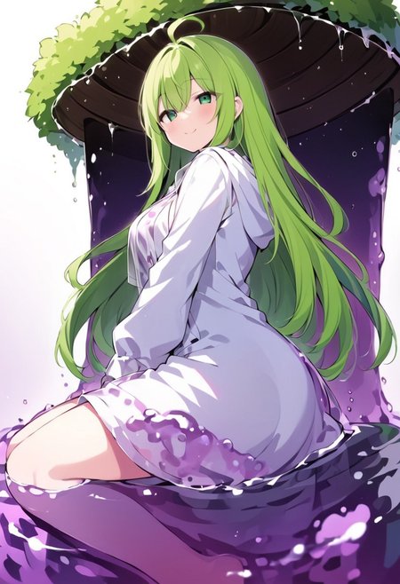(masterpiece), (score_9, score_8_up, score_7_up,source_anime), 4K8K, best quality, high res image, illustration, Uncorrected, CG, 
(girl view from below. look-up angle:1.3), from side, 
1 woman sitting on a giant white grape slime, pretty white slime, (lot of white grape cubes around woman), (hair over breasts, long hair, hair censor:1.4), twinkle grape cube, 
slime, slime like a white grape, white grape slime, see-through slime, 
BREAK
medium breasts, 
(gradient hair, green hair, very long hair, Bangs covered eyes, ahoge, hair over breasts, hair censor), 
(hair blind eyes, half opened eyes, jitome, smile), 
wearing hooded robe, linen dress, culottes, denim short culottes, 
in orchard, fruit orchard, fruits trees,