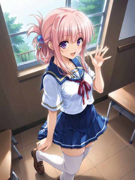 score_9, score_8_up, score_7_up, source_anime, BREAK
school corridor, indoors,walking, school uniform, (angled view, from above, pov:1), looking up at viewer, :D, from side, waving, open mouth, smiling, BREAK
1girl, solo, <lora:NojimaHotori_Pony_v1:0.8>, nmnjhtr, folded ponytail, teal hair ornament, purple eyes, pink hair, school uniform, serafuku, pleated skirt, blue skirt, (white thighhighs:1.2), (uwabaki:1.5), shoe straps, zettai ryouiki, red ribbon, (tareme, droopy eyes:1)