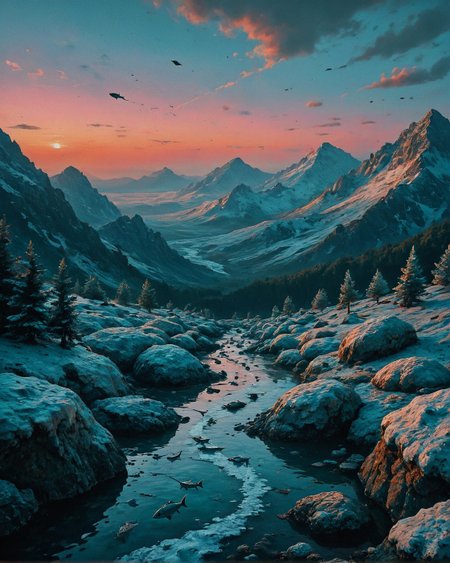 Surreal Landscape, Creator Landscape,
(style ofVasily Polenov (open-air realism)), Granite mountain range at twilight, animal fur caught on thorns, stone tidal fish trap, 
<lora:ClassipeintXL2.1:0.510> oil painting,
<lora:extremely_detailed:0.611> extremely detailed,
<lora:add-detail-xl:0.573>, 
<lora:dreamshaperXL10_lora:0.165>, 
 <lora:Flux-XL_Scenery: 0.229> flux-scenery,
detailxl,
advntr,