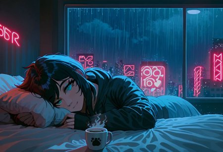 score_9,score_8_up,score_7_up,score_6_up, 1girl, 
 sitting in bed next to a large window, holding coffee cup, steaming coffee cup on windowsill, wearing croptop hoodie, black croptop hoodie, long hair, black hair, low ponytail hairstyle, pov from outside, view from putside the window looking into the room, looking out window, head resting on pillow laying on the bed, hoodie, plants on the windowsill, looking out the window, looking at viewer, background is the bedroom, tidy bedrrom, small room, cramped bedroom, teddies on the bed,, wearing legging, see through thights, black tights, cyberpunk city view out of the window, raining outside, heavy rain outside, neon light, purple neon lights, cat on the bed, pet cat in the room, pet cat sleeping on the bed