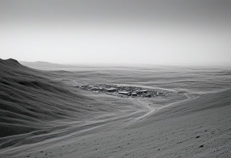 landscape, (black and white, b&w, chrome, monochrome, greyscale, grain), science fiction
