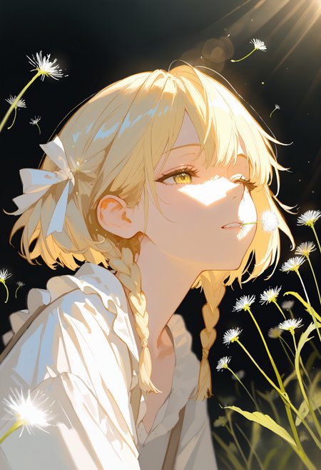 masterpiece, best quality, good quality, very aesthetic, absurdres, newest,  Wide Shot, Atmospheric Perspective, A melancholic young girl,by rella, very sad, she has long and smooth eyelashes,The droplets of water glisten like tiny diamonds on her hair and clothes, lost in thought. Two cute short braids with bows,Biting a dandelion seed,
Dandelion seeds blowing in the wind,
Blonde hair,
dandelion seed, day, plant, seed, sunlight, Lens Flare,Depth Of Field, <lora:ponyv4_noob1_2_adamW-000017:0.7> <lora:748cmSDXL:0.8>
