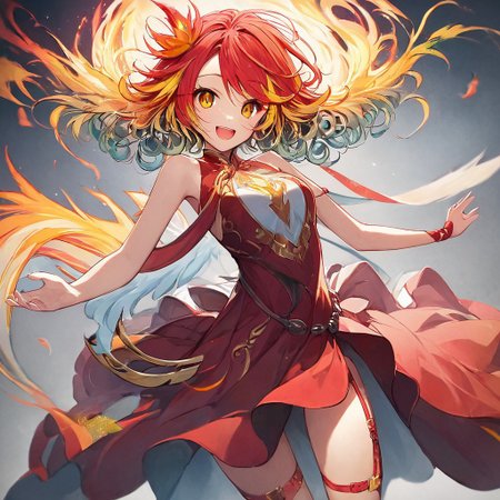 score_9,score_8_up,score_7_up,score_9,score_8_up,score_8,ultra detailed, beautiful face, highres, Expressiveh,
BREAK, 1girl, solo, kamiya yuu, no game no life, official art, 
gradient hair, multicolored hair, multicolored eyes,
(red hair:1.3), curly hair, yellow hair ends, yellow highlights, phoenix girl, red eyes, yellow eyes, gradient eyes, red dress, bare shoulders, straps, slight cleavage,
happy, looking at viewer, giddy, smile, open mouth,
jyojifuku, dress, phoenix dress, fire element, composed of fire elements, feathers, burning feathers in air,