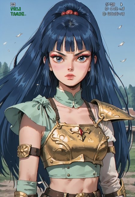 score_9, score_8_up, score_7_up, posed for combat, sword duel stance, realistic, ladykayura, vhslora, sk3tchb00k, english text, vhs screencap, kayura, ronin warriors, solo, 1girl, retro, blue hair, 1980s (style), bangs, high ponytail, top knot, hair ornament, long hair, blue eyes, portrait, makeup, armor, shoulder armor, midriff, silk tassels, gloves, swords