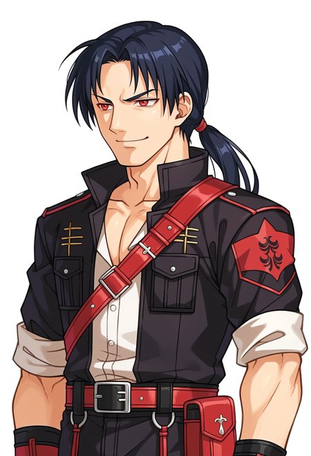 score_9, score_7_up, source_anime, BREAK solo,  <lora:zs_FE10PortraitsXL:1> fe10portraits, portrait, white background,, smug smile, 1boy, red eyes, tsurime, black hair, parted bangs, hair intakes, ponytail, short hair with long locks, very long bangs, jacket on shoulders, black coat, dress shirt, sleeves rolled up, fingerless gloves, pants, belt, multiple belts, combat boots, shoulder holster, chest belt,