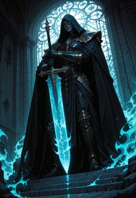 Unfazedfantasii, photorealistic masterwork digital painting, hyper-realistic, low-angle shot, from below, highly detailed, intricate, fractal, and iridescent, perfect hands, blade of cold blue fire, capturing the imposing figure of a towering, hooded lich clad in symmetrical ornate knight armor with a large billowing cape, his piercing two eyes glowing with bright blue fire, he holds a long, elegant, symmetrical flaming great sword with both hands, one hand above the other, its thin blade forged from azure fire that emits an ominous, cold glow, the tip of the blade hits the ground, causing a burst of magic blue fire, the scene is set in an ancient castle's shimmering opulent and luxurious marble grand hall, where magical vapors rise from the ground and swirl lazily throughout the room, dim, atmospheric lighting originates primarily from the glowing great sword and the iridescent magical vapors, casting intricate shadows and enhancing the mysterious, otherworldly aura of the lich, the composition emphasizes dramatic scale and texture, with a focus on the interplay of light and shadow, intricate fractal details of the armor and marble, and an eerie spectral glow that illuminates every facet of the scene, wide cross guard, long grip, 
 The art style is highly detailed, cinematic, and fantasy-inspired, with a focus on dramatic lighting, soft glows, and a slightly dark, mystical mood.