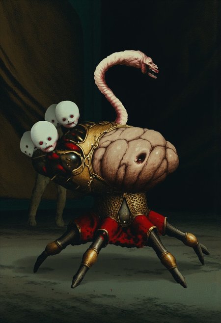 b3rs3rk first person d4concept pov, 3D01S, simple background d4artstyle atmospheric and powerful MikeFranchinastyle dark fantasy, natural organic and first person pov of a berserk style creature
Grotesque pale flesh creature, elongated serpentine neck with razor-sharp teeth, bulbous organic body with humanoid features, pale beige wrinkled skin texture, small stubby limbs, biomechanical horror, dark gothic background, H.R. Giger inspired, hyperrealistic rendering, studio lighting with dramatic shadows, dark surreal atmosphere, photorealistic detail of skin folds and organic textures, body horror concept art natural organic and first person pov of a berserk style creature Disturbing mechanical spider doll hybrid, Victorian porcelain doll heads with vacant expressions, dark steampunk mechanical body, spider-like articulated metal legs, crimson tutu skirt, brass and iron components, weathered metal textures, antique brass finishes, eerie pale doll faces, dark atmospheric background, horror concept art, photorealistic rendering, cinematic lighting, inspired by dark cyberpunk and Victorian gothic horror 
dark fantasy concept art by Wayne Barlowe and Zdzisław Beksiń and Mike Franchina UHD letterboxed game trailer frame chromatic aberration dark atmosphere sharp masterpiece with a focus on the character, elden ring style, dark atmosphere, chromatic aberration