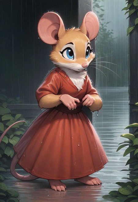 score_9, score_8_up, score_8, solo, fluffy, (feral), toes, furry, (((mouse))), female, blue eyes, yellow fur, chest, claws, (fluffy cheeks:0.7), (red dress), in the style of beatrix potter, standing under shelter, outdoors, ((rain)), (solo:2), side view, wet clothing, wet fur,
