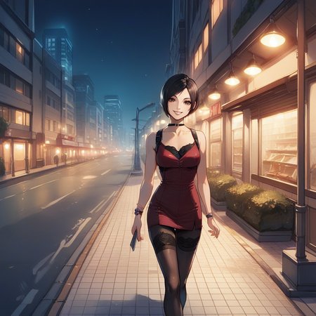 zPDXL2,score_9, score_8_up, score_7_up, score_6_up, score_5_up, score_4_up, source_anime, 1girl, solo, looking at viewer, walking, smile, night time, night, urban,  cowboy shot, close up, Ada Wong Resident Evil   , <lora:Sidewalk:0.7> s1dew4lk, building, sidewalk, next to street, outdoors,