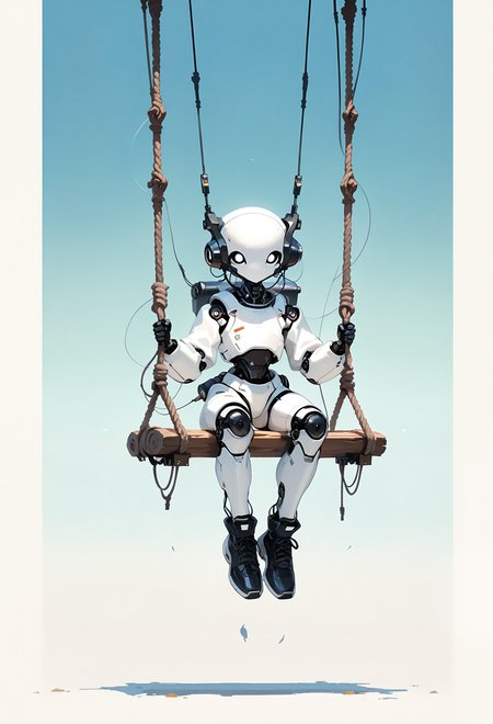 masterpiece, best quality, good quality, very awa, newest, highres, absurdres, no lineart, no outline, solo, looking at viewer, sitting, outdoors, sky, shoes, black footwear, gradient background, no humans, blue background, robot, rope, white eyes, non-humanoid robot, humanoid robot, swing, hanging, wood, rust, (monochrome, negative space), white background, white theme, painterly, fine art, hiz_ai, in the style of cknc, wat,