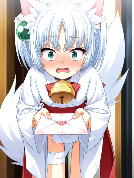 <lora:il-ruri-tenshin-rurikami-000009>,il-ruri-tenshin,1girl,rurikami outfit,silver hair,solo,japanese clothes,short hair,side hair ornament is feathers tied on green spherical,miko,animal ears,green eyes,white wrap-style japanese clothes with visible skin,neck bell chocker,oversized white kimono sleeves,waist bowtie removed,(red tabi with large golden bell cloth end),exposed thighs,white bandages around the thighs,short white fudonshi,short white fudonshi,fluffy tail,black sole geta with white socks,
masterpiece,best quality,newest,absurdres,highres,detailed eyes,beautiful,detailed background,perfect eyes,anime coloring,anime screencap,
<lora:add-detail-xl:1>,<lora:ponyv4_noob1_2_adamW-000017:0.8>,wear clothes,
1girl,solo,
<lora:incoming_letter_ilxl:1>,incoming letter,hand holding love letter,leaning forward,give you love letter,blush,cowboy shot,
faceless man hand catch letter,
looking at viewer,surprised,leaning forward,embarrassed,