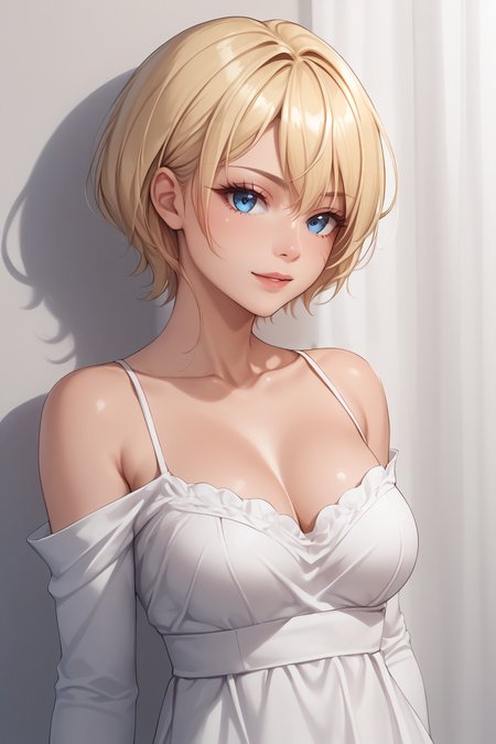 score_9, score_8_up, score_7_up, BREAK source_anime, <lora:Arte-PonyXL-lora-Faxtron:0.8> arte, blue eyes, blonde hair, short hair, medium breasts, long white dress, collarbone, long sleeves, bare shoulders,