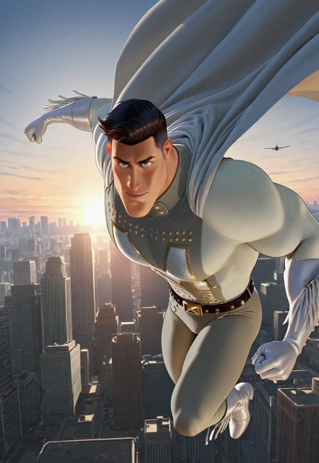 masterpiece, best quality, amazing quality, detailed background, intricate details, dynamic, cinematic, animated, anime realistic shading, solo, male focus, 1boy, handsome, m3tr0, dark hair, white sideburns, pompadour, blue eyes, muscular male, white and grey bodysuit, cape, white gloves, white boots, fringed gloves, fringed boots, belt, flying, flight, action shot, cityscape background, sun set