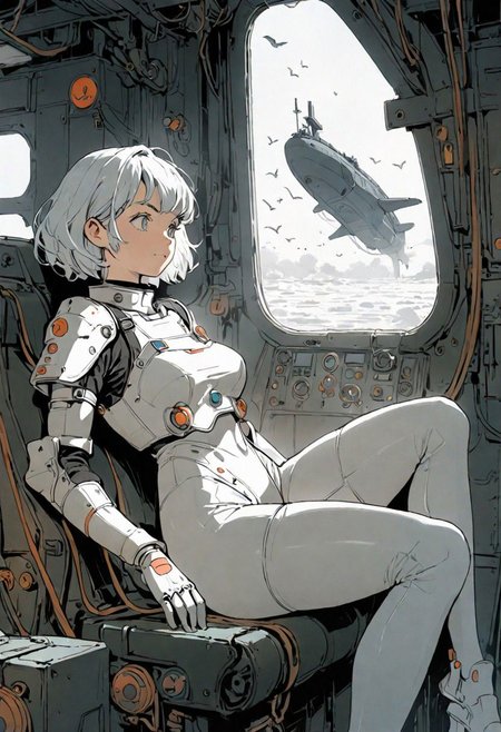 Black and white lineart 90's vintage manga, a woman with short hair in shorts sitting in a submarine cockpit, wearing a ripped spacesuit armor, big breasts. Detailed art, super fine line art 90's vintage, bulma, looking out the window, ghibli, moebius, tsutomu nihei. Powerful pose, speed lines, birds are flying around, industrial architecture, pulsating veins and pipes and tunnels, walkways, rust, fog, foggy, ancient superstructures