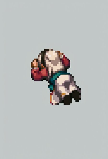 score_9, score_8_up, score_7_up, source_anime, BREAK, solo, 1girl, <lora:FFT-SpritesV2-pdxl_Fp:1>, full body, lying, head down, pixel art,  <lora:elie-pdxl-nvwls-v2:1>, zeroElie, black hairband, hair ribbon, long hair, ascot, uniform, long red sleeves, white dress, white hair, from behind, from side,