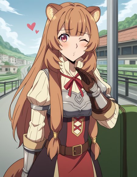 score_9, score_8_up, score_7_up, source_anime, <lora:raphtalia-s3-ponyxl-lora-nochekaiser:1>, raphtalia, long hair, bangs, brown hair, animal ears, raccoon ears, raccoon tail, raccoon girl, pink eyes, medium breasts,, long sleeves, sweater, ribbed sweater, puffy sleeves, breastplate, ribbon, red ribbon, gauntlets, glove, brown gloves, belt, skirt, armor,, train station, waiting for train, suitcase, traveling, commute, city skyline, hands behind back, , <lora:blowing-kiss-ponyxl-lora-nochekaiser:1>, blowing kiss, pucked lips, heart, one eye closed, o3o, hand up, bed room, bed, blush, cowboy shot, dutch angle,, looking at viewer, solo,, dutch angle, cowboy shot