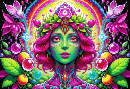 <lora:Projext_X2:1> trippy, lsd-art, acid-art, Alpha Fiend with magenta fuchsias crimson-red dark-purple yellow dark-gray and glowing green color palette