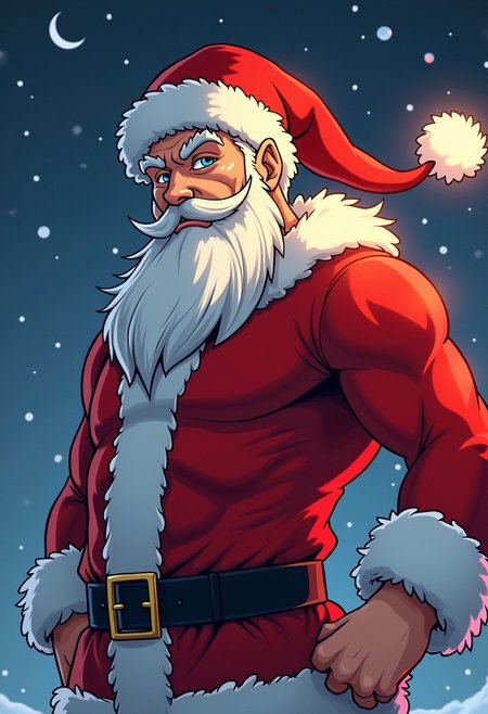 santa claus, fit, anime style, cool, superpowers, magical, glowing ability