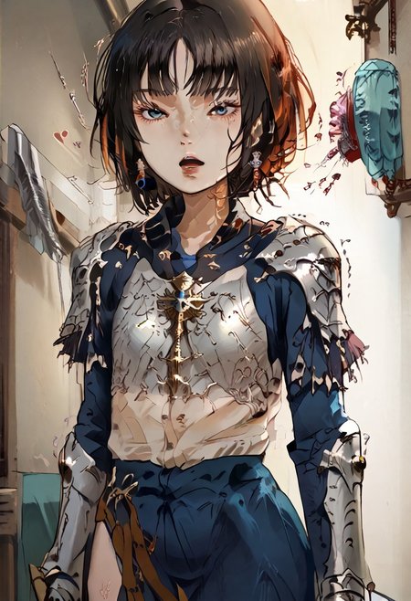 ((score_9), score_8_up, score_7_up), score_6_up, masterpiece, hands, Expressiveh, perfection, detailed, perfect, sexy pose, open mouth, 1girl, tomie kawakami, solo, ( female japanese warrior)), (small arms)), ((barely covered)), (skimpy armour)), trembling, (holding large axe), ((looking around)), (((slim waist))),(fantasy_tavern_background)