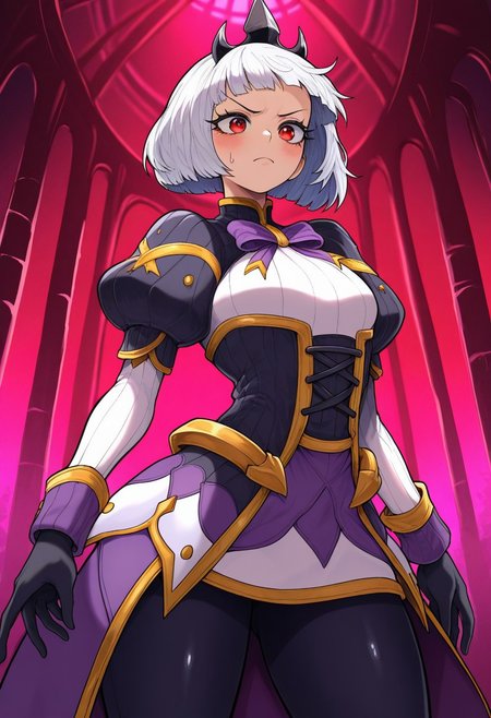 side_light,4k,(masterpiece:1.4),(best quality:1.4),(high resolution:1.4),Ultra HD, HDR,(hyperdetailed),smooth lighting,source_anime,very aesthetic,intricate details,intense,highres,vibrant colors,detailed_shadows,detailed_reflections,high-quality textures,good shading,studio quality,epic lighting,digital illustration,show accurate proportions,long eyelashes,thick eyelashes,perfect hands,perfection,5 fingers,perfectly detailed fingers",""manga eyes,perfect eyes,detailed eyes,beautiful lighting,detailed eyes,perfect eyes,long eyelashes,thick eyelashes,long eyelashes,shiny skin, perfect beautiful face, cute,Big eyes,mature,adult female,18 years old,
Kjorp, bob cut, blunt bangs, red eyes, white hair, puffy short sleeves, tiara, purple bowtie, black corset, sleeve cuffs, white sleeves, black gloves, short over long sleeves, black leggings, high belt, showgirl skirt,  purple skirt, white skirt, black skirt, ribbed shirt, gold trim, multicolored skirt,
,angry,blush,sweaty, yotsumi_shiro style,
,small breast,,
blush,on dark castle,