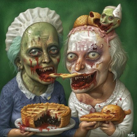 Nasty granny and cat eating pies, open mouth, rotten skin, by Chris Mars <lora:Jimmy_Alonzo:1> <lora:Chris_Mars:1>