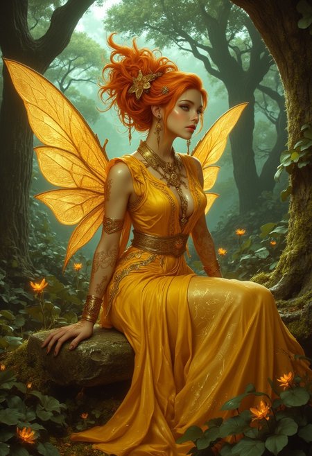 A visually stunning scene capturing the essence of beauty and emotion. Subject: A radiant fairy-like woman with fiery orange hair intricately styled into an elegant updo, adorned with golden leaves and sparkling strands of gossamer. Her almond-shaped eyes shimmer with a mesmerizing glow, reminiscent of molten amber, and her serene expression exudes wisdom and grace. Her flowing yellow gown cascades gracefully, featuring intricate embroidery of floral patterns intertwined with glimmering golden threads, enhancing her ethereal beauty. Fine jewelry adorns her arms, including a golden spiral cuff on her upper arm and delicate bracelets with charms shaped like blossoms. Her very large, translucent wings, veined like delicate leaves, glow softly with hues of green and gold, catching ambient light and adding to her mystical aura. Background: A lush and magical forest with towering, ancient trees forming a protective canopy overhead. Beams of sunlight pierce through the dense foliage, creating a dance of dappled light on the moss-covered ground. Bioluminescent plants and tiny fireflies emit a faint, magical glow, illuminating the serene environment. The woman sits atop a polished stone adorned with ancient floral engravings, blending seamlessly with the enchanting surroundings. Style: Hyper-realistic with vibrant and dynamic lighting, emphasizing intricate textures, exquisite embroidery, and glowing natural elements.