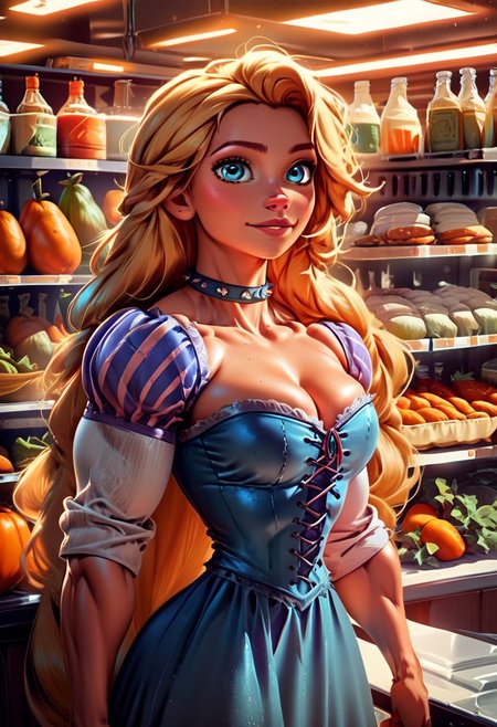 score_9, score_8_up, score_7_up, source_illustration; 1 girl, Rapunzel, muscular, jacked,  bodybuilder; long hair, blonde, blue eyes; bowsette dress; at the grocery store; grocery store fruits and vegetables in the background; detailed eyes,  intricate details,  colorful; rating_safe